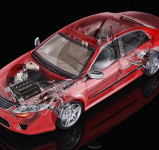 Generic sedan car detailed cutaway representation, with ghost ef